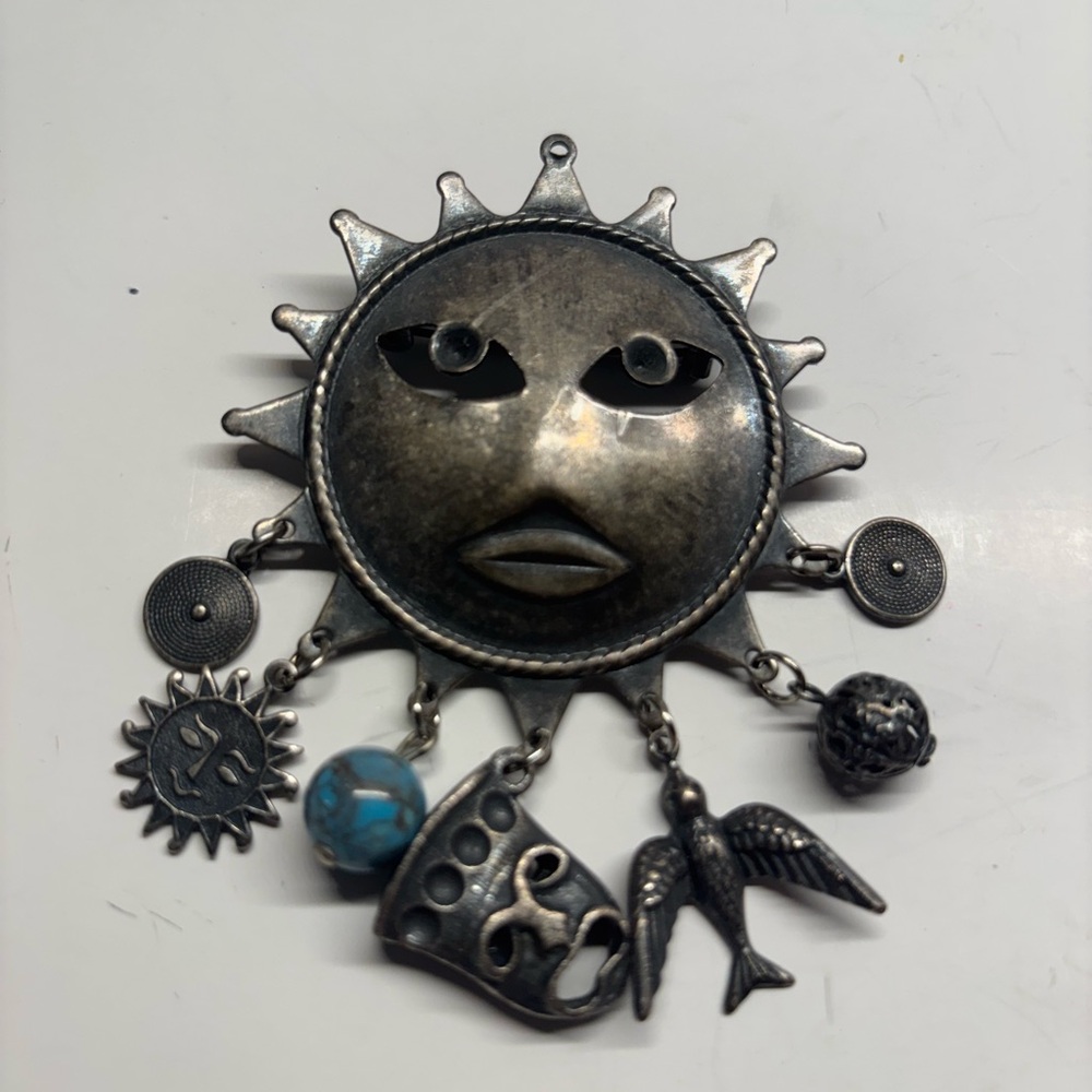 Silver Sun Face Brooch  Pin  Pendant with Charms - Picture 2 of 11
